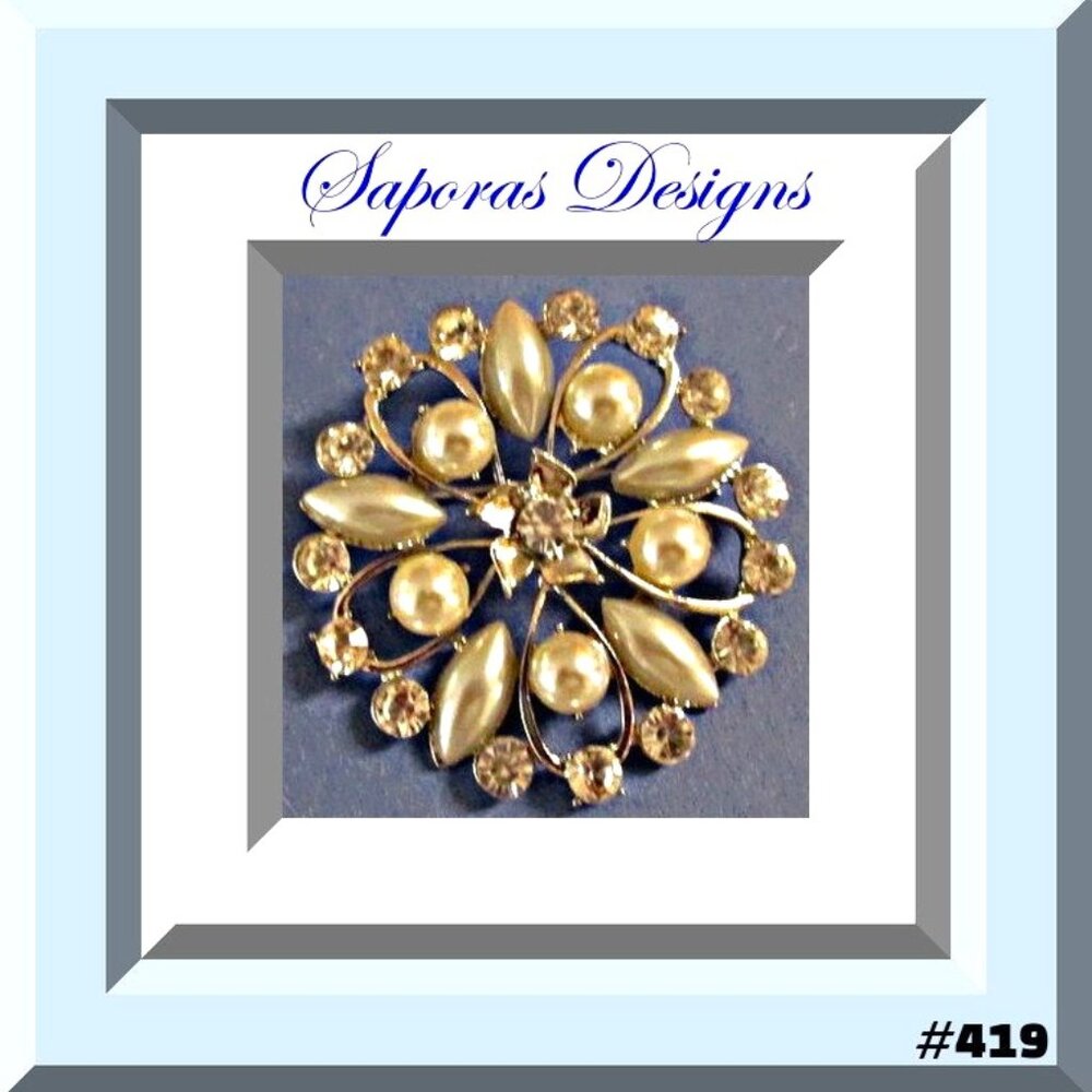 Silver Tone Flower Design Brooch With Clear Crystals & White Faux Pearls Vintage